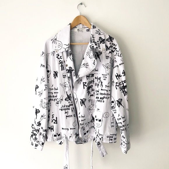 White and Black Graffiti Print Jacket - Picture 1 of 6